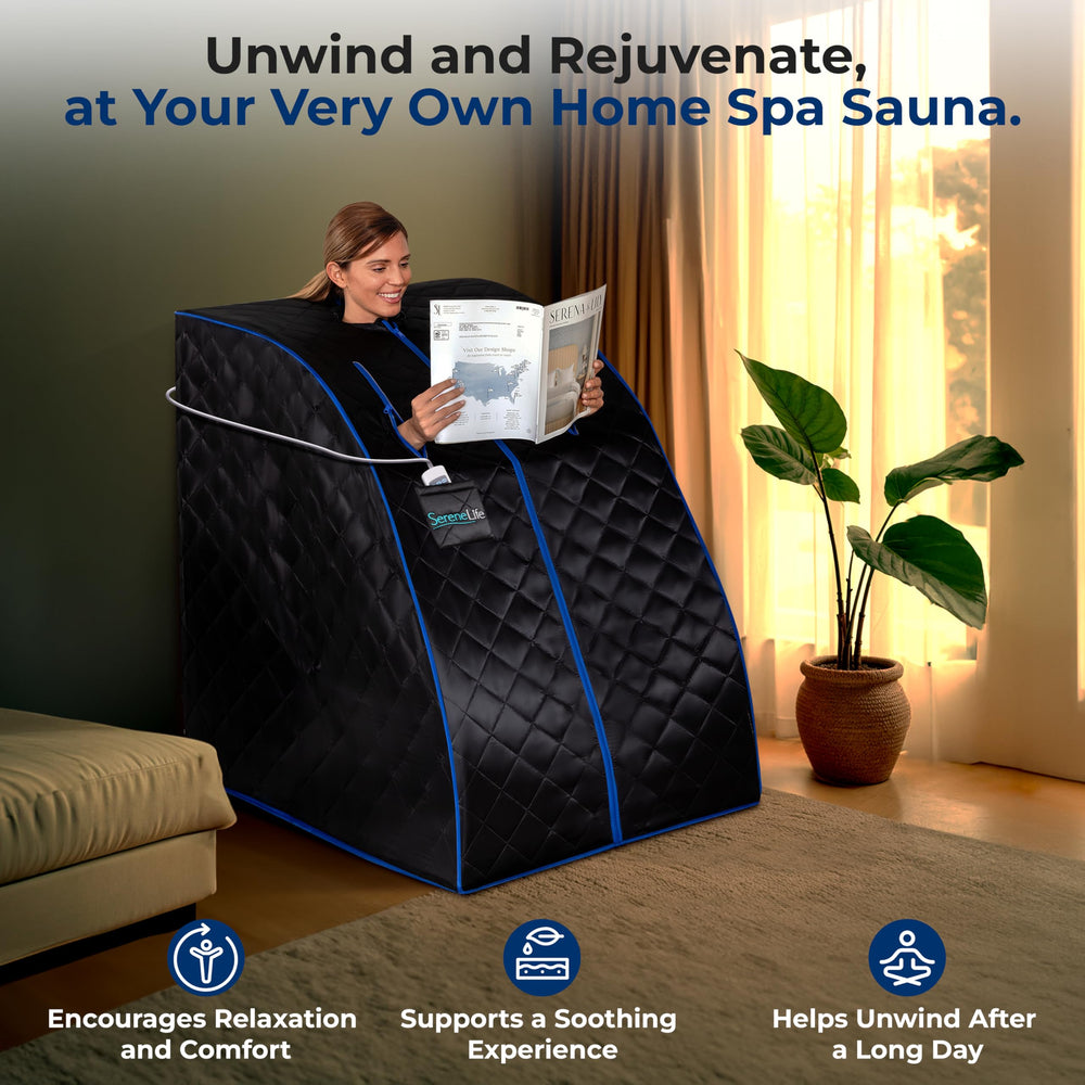 SereneLife user seated reading inside sauna illustrating hands-free comfort and convenience