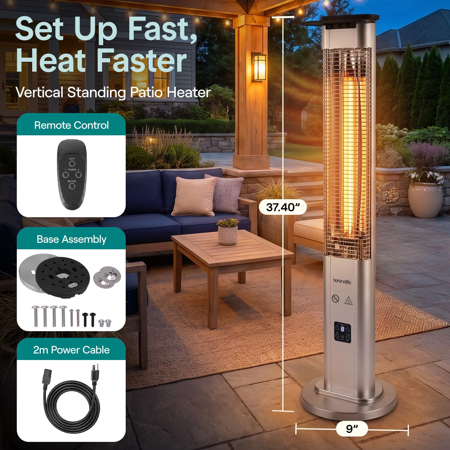 SereneLife base and IP65 weatherproof label highlighting outdoor durability