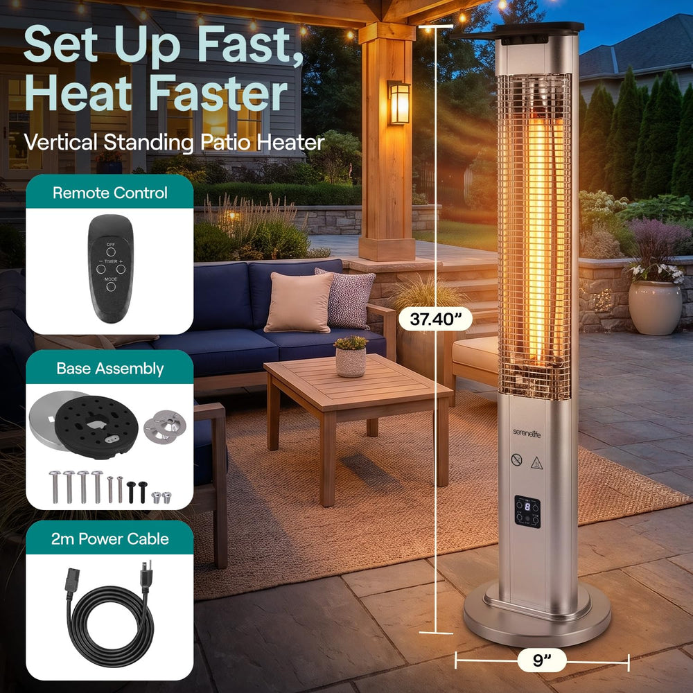 SereneLife base and IP65 weatherproof label highlighting outdoor durability