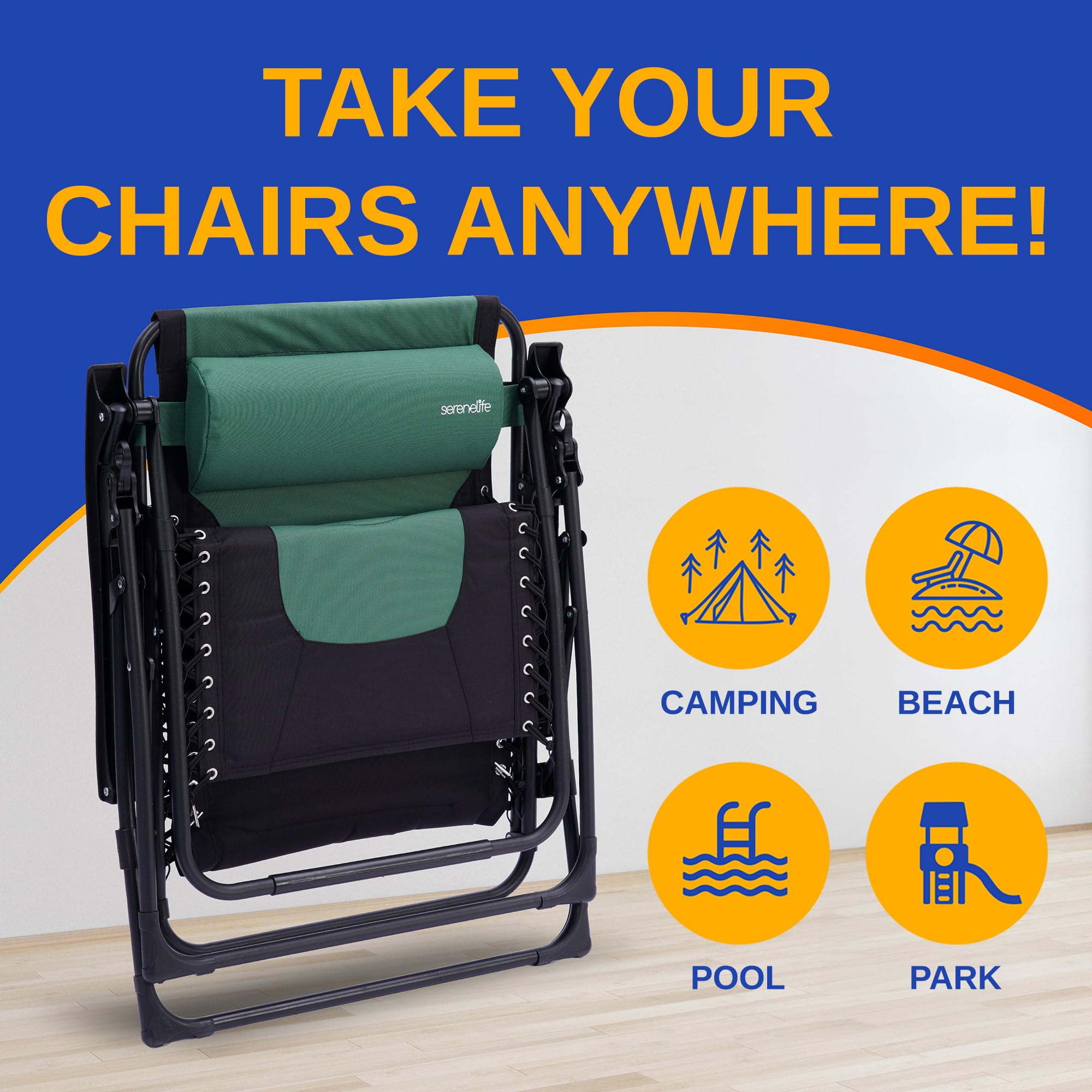 SereneLife folded compact chair demonstrating easy transport and space-saving storage