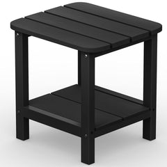 SERWALL front view of black double Adirondack side table showing dual shelves and stable base benefit