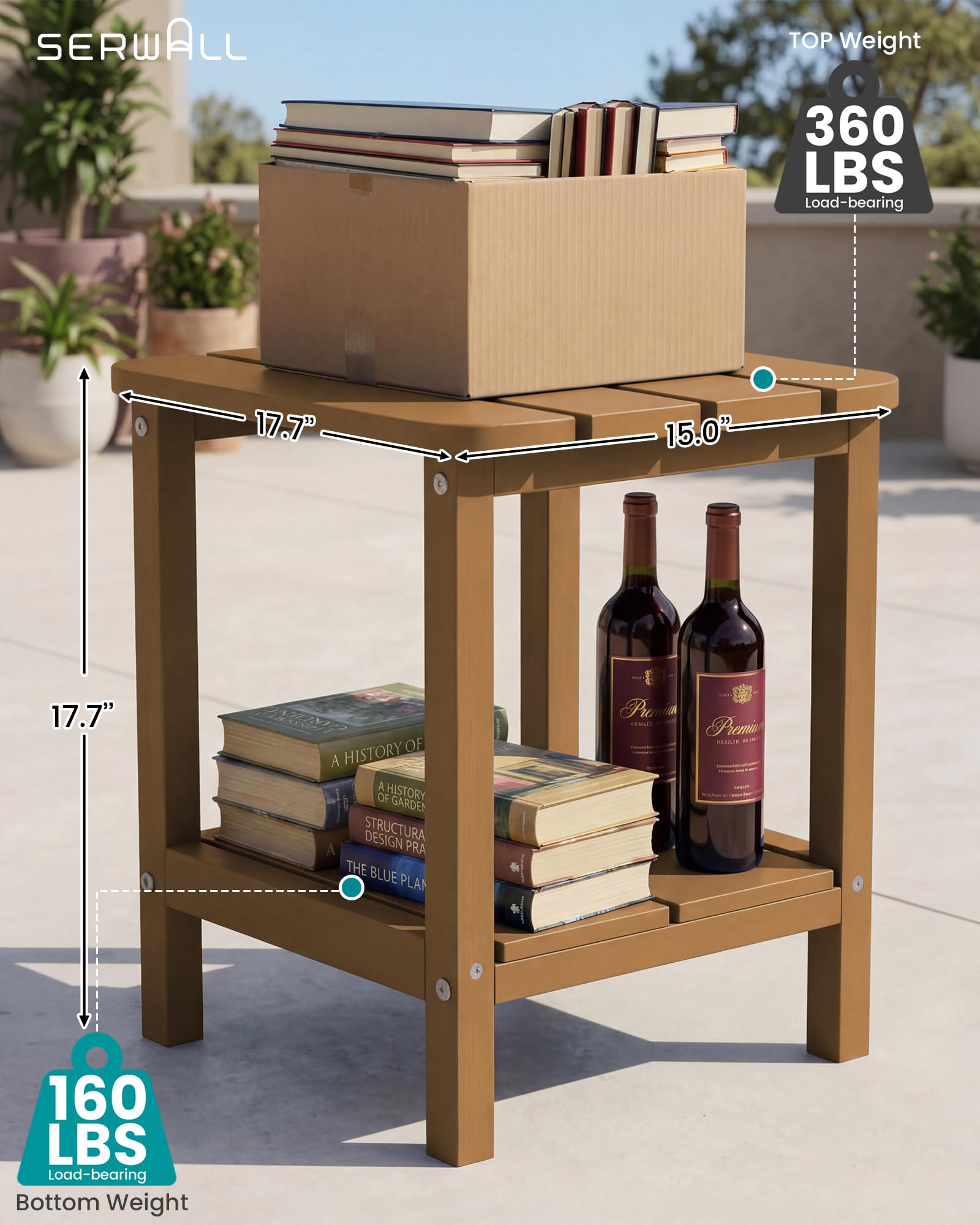 SERWALL side table holding drinks and books for easy reach