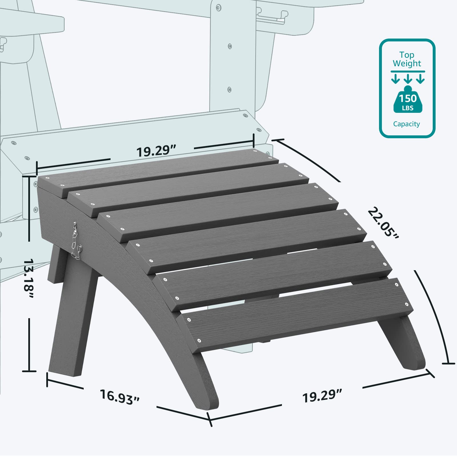 SERWALL ottoman next to Adirondack chair illustrating matching proportions and comfort