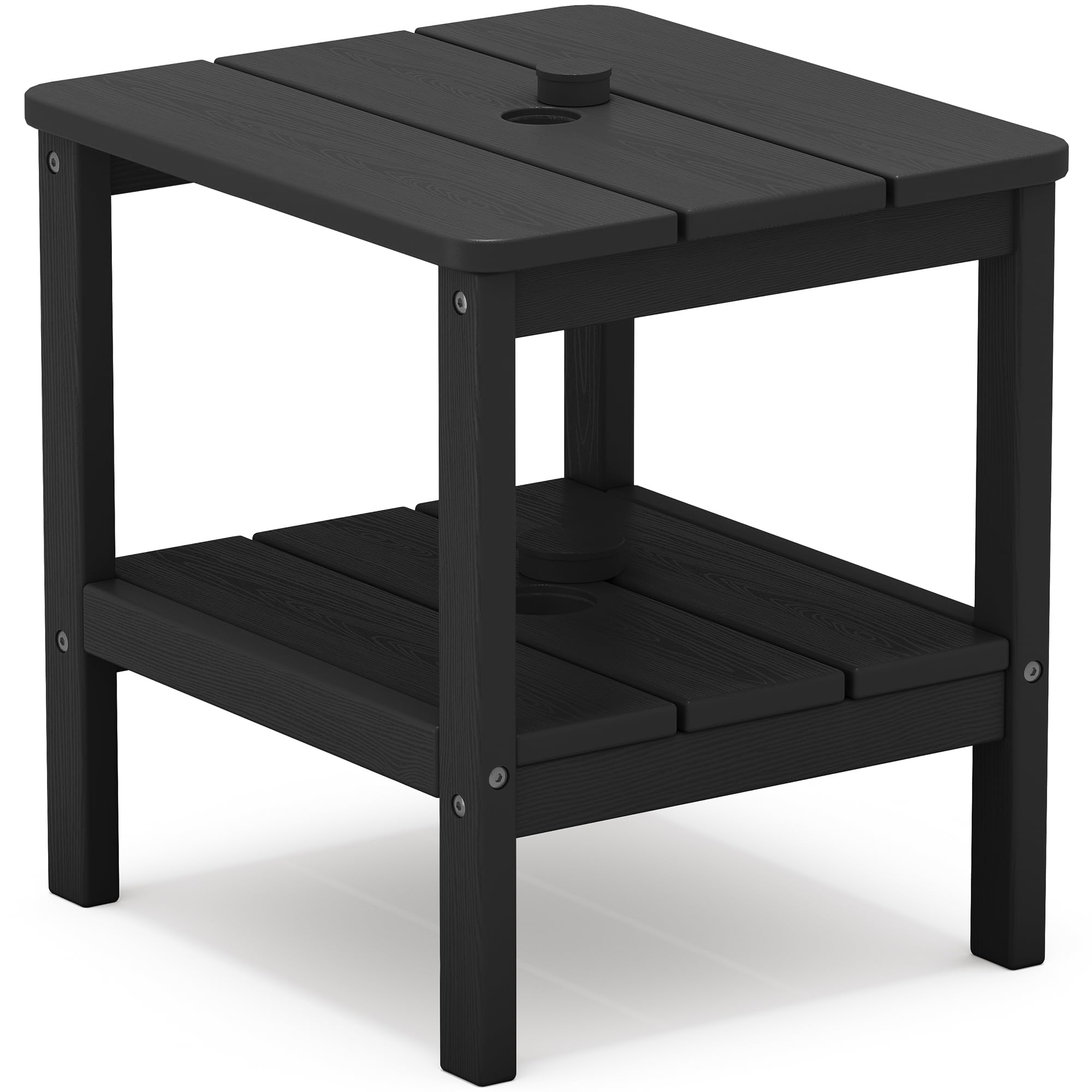 SERWALL front view of black 2-tier side table showing stable design and storage benefit