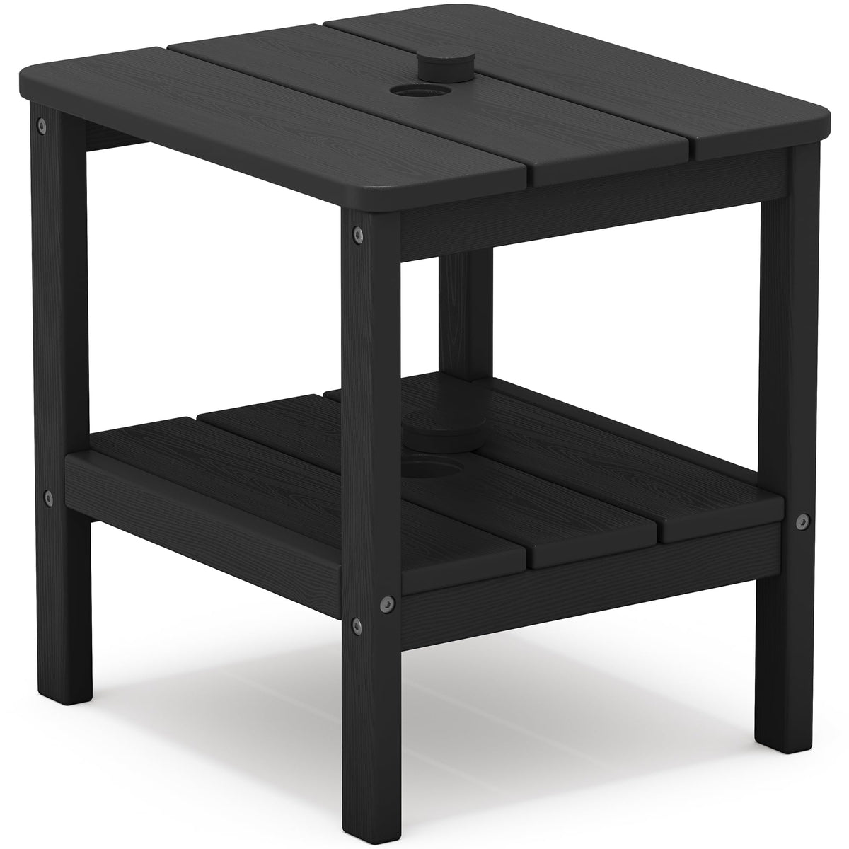 SERWALL front view of black 2-tier side table showing stable design and storage benefit