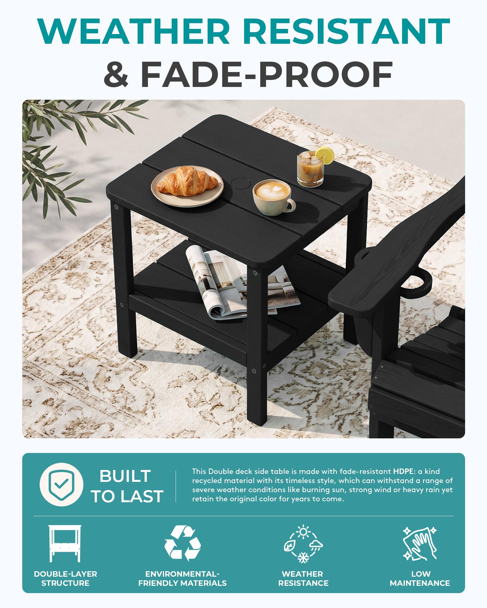 SERWALL table beside chair showing size and placement benefit for patios