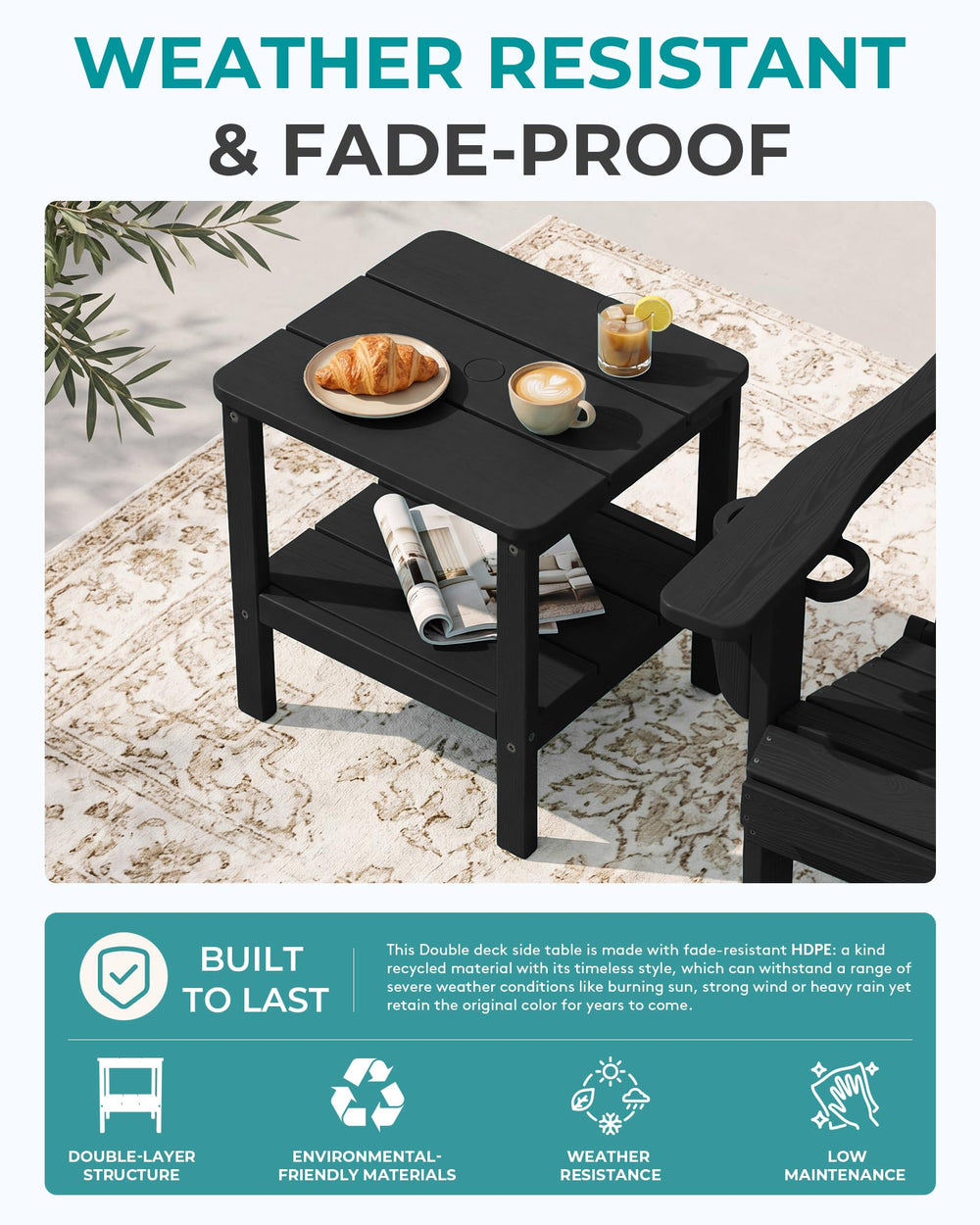 SERWALL table beside chair showing size and placement benefit for patios