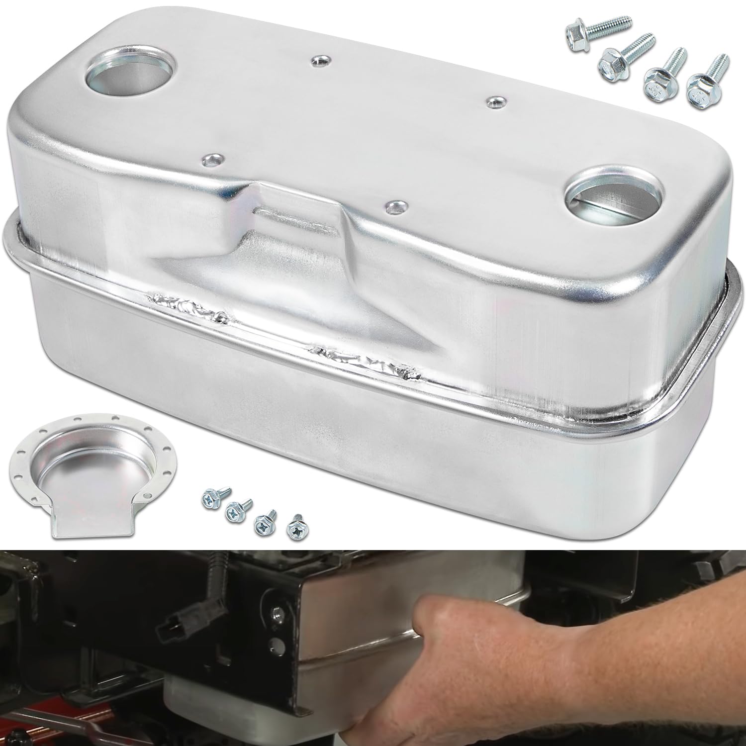 sevencow muffler front view showing mounting points and quieting benefit