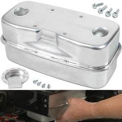sevencow muffler front view showing mounting points and quieting benefit