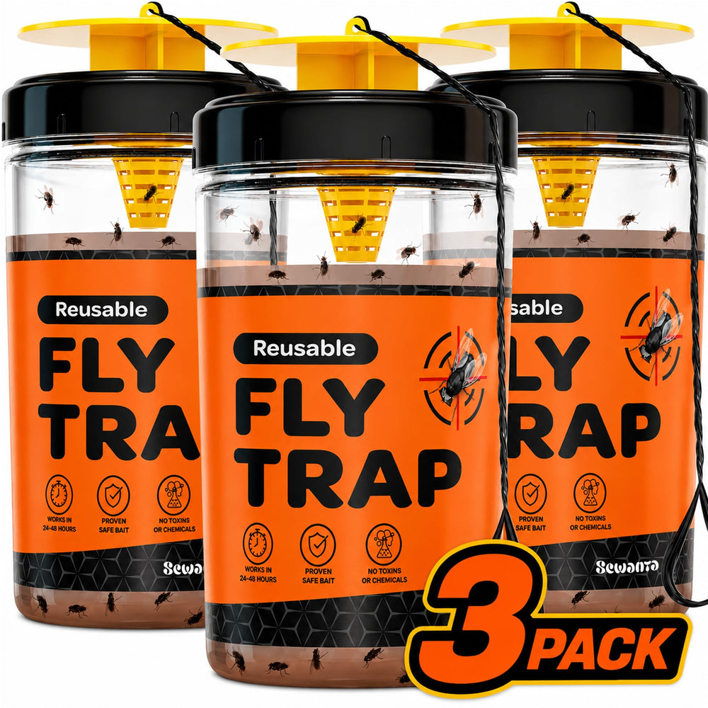 SEWANTA front view of three traps showing label and hang ties, clear benefit visible