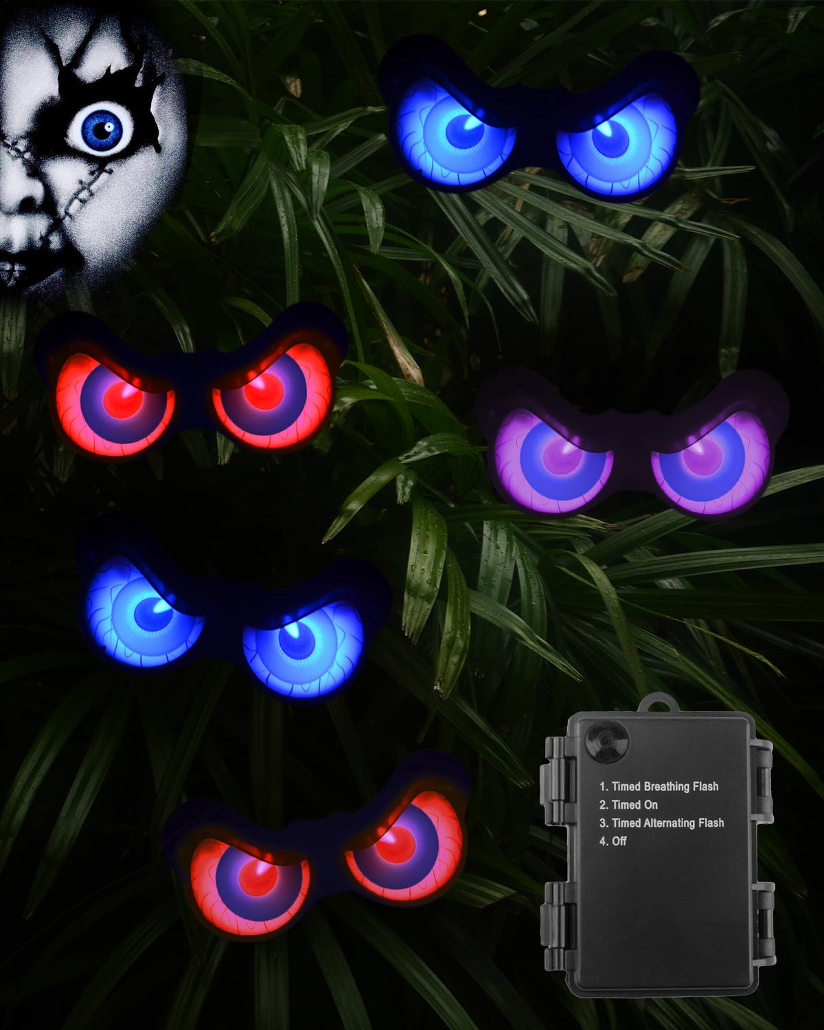 Sewawe front view of five glowing eye lights showing spooky effect