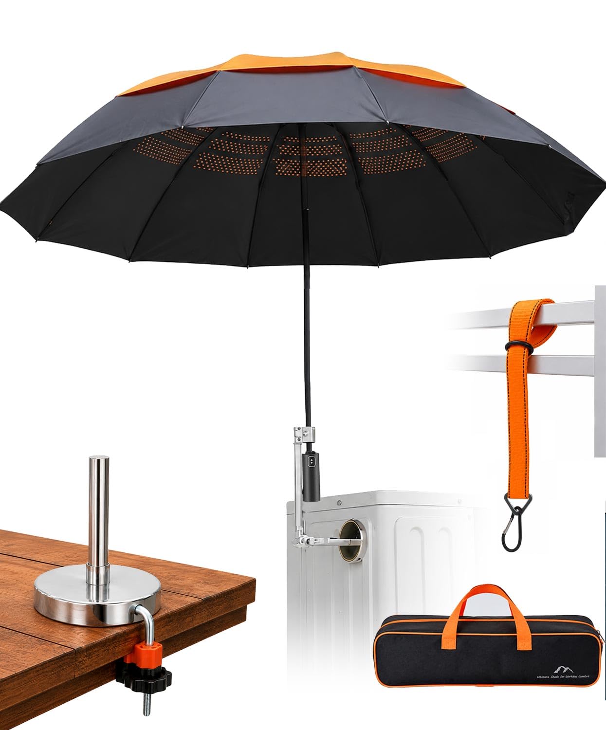 Sexlieu umbrella front view showing full 60-inch canopy and bright orange visibility