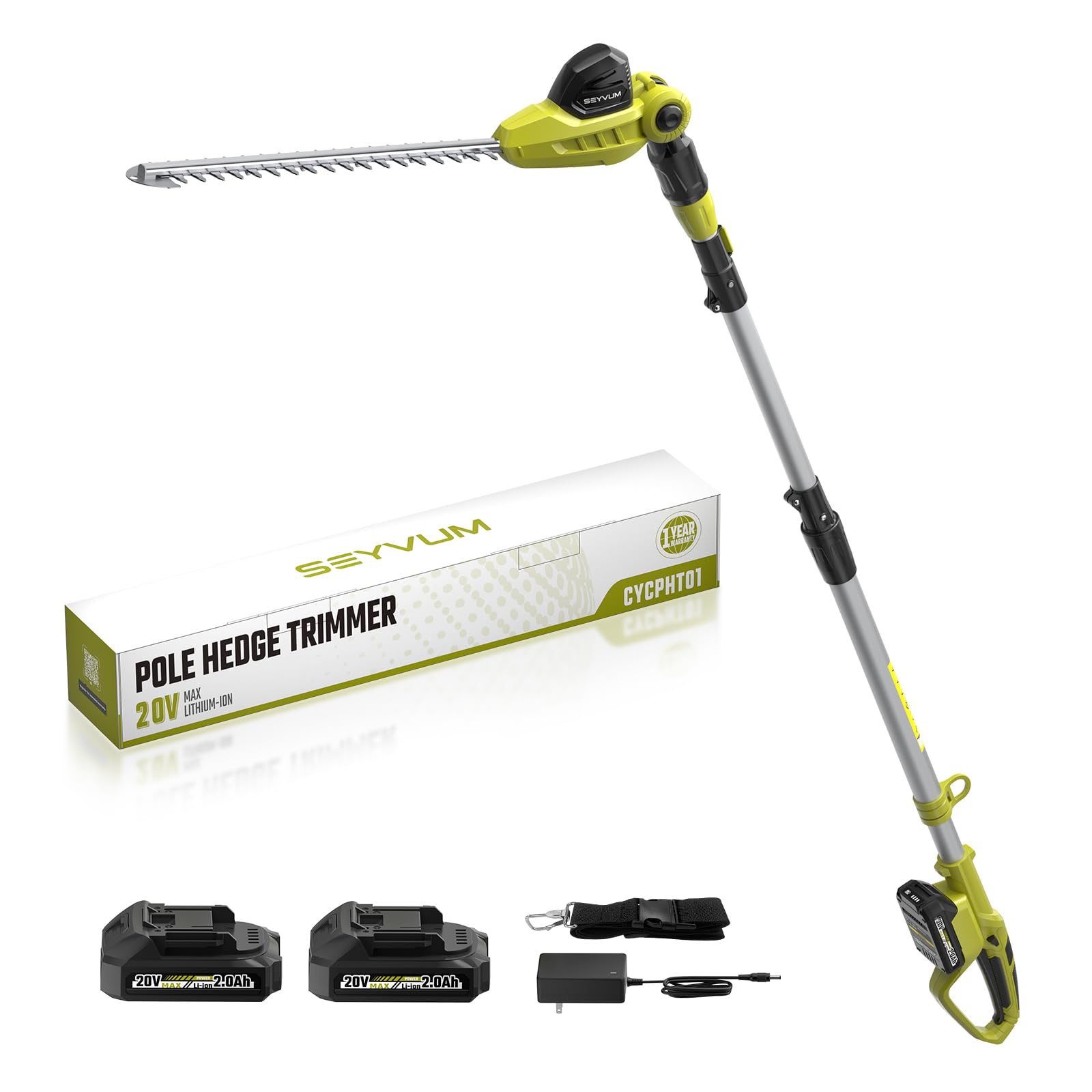 SEYVUM front view of pole hedge trimmer showing overall design and control