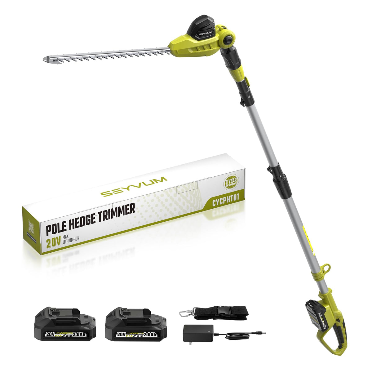 SEYVUM front view of pole hedge trimmer showing overall design and control