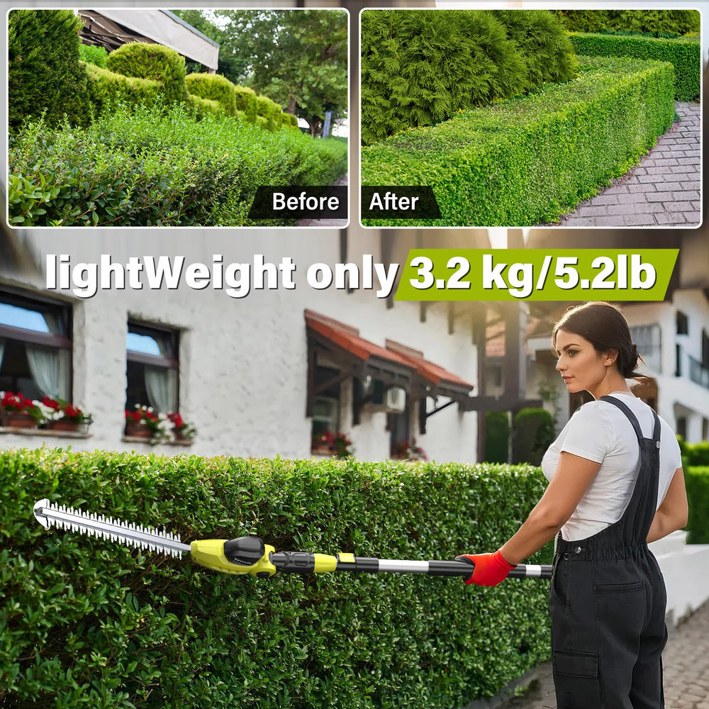 SEYVUM cordless trimmer in use cutting a tall hedge safely from ground