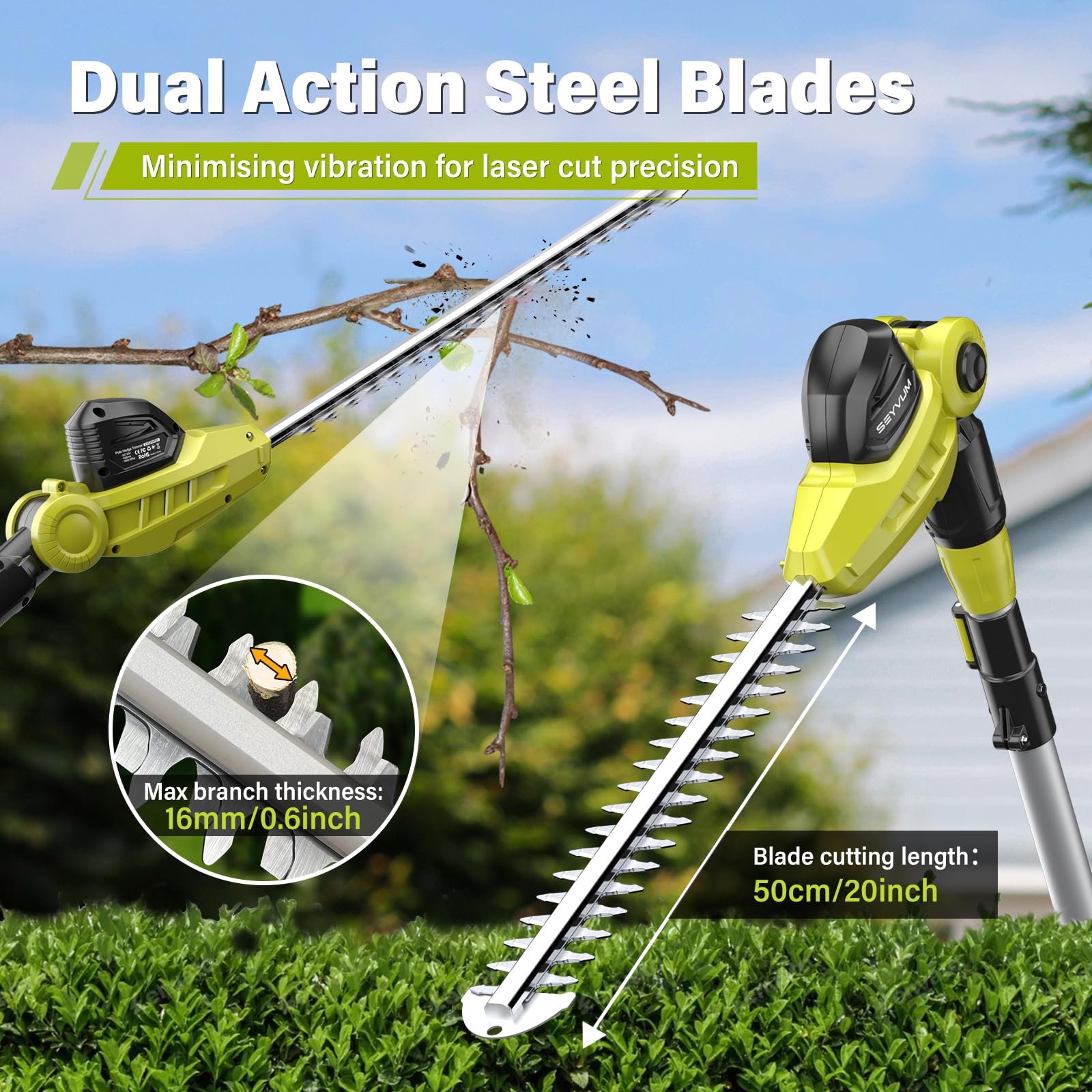 SEYVUM telescoping pole fully extended to reach tall hedges easily