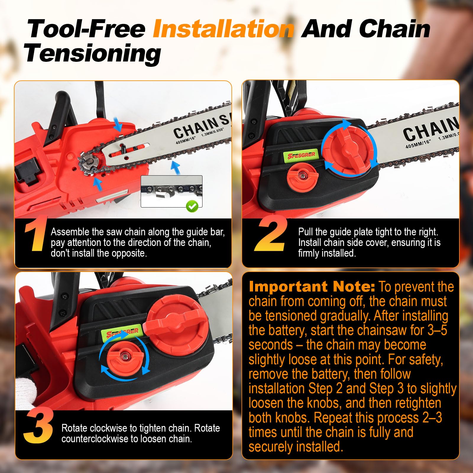 SFESGRER detail of chain and guide bar displaying automatic oiler benefit and longevity