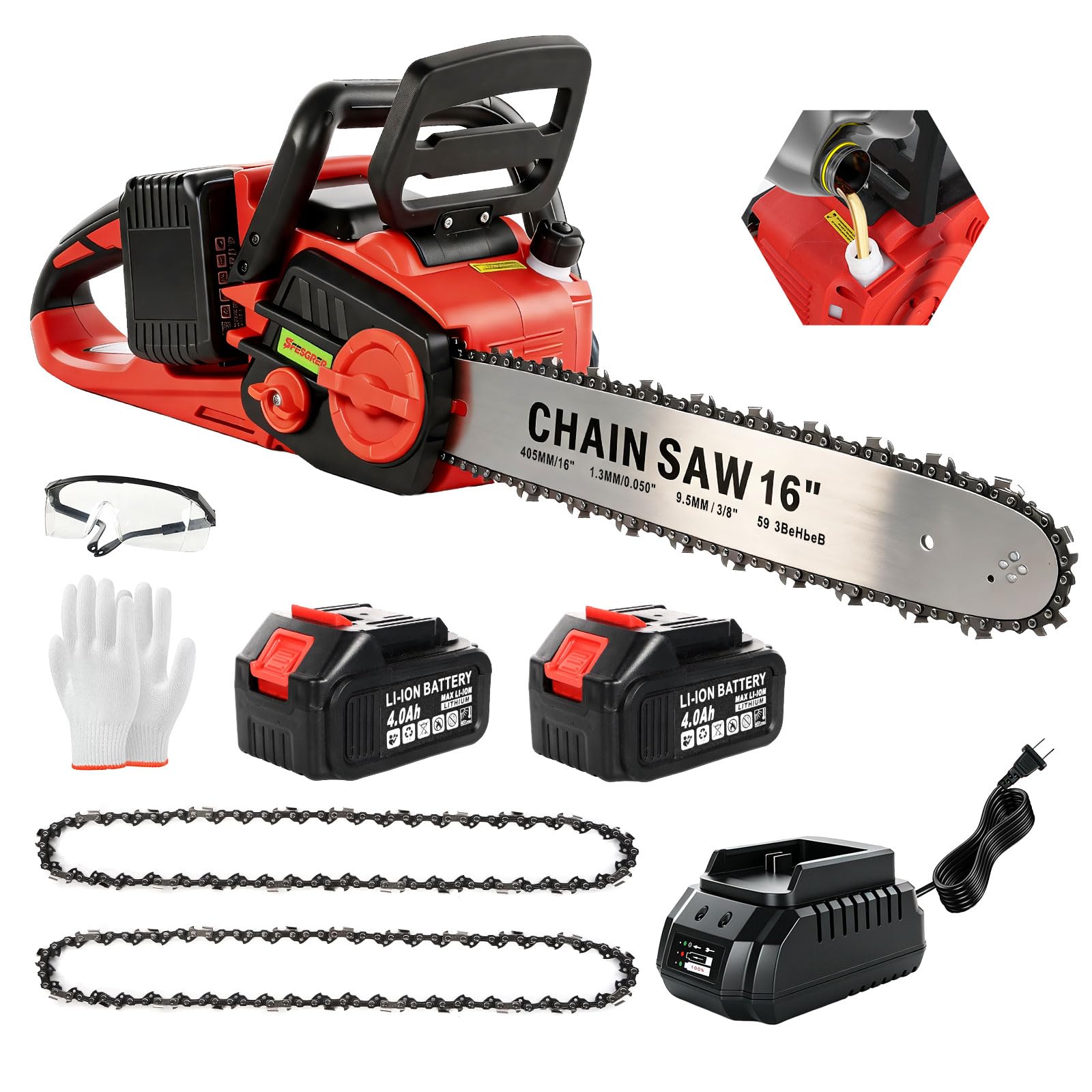 SFESGRER front view showing 16-inch chainsaw and included batteries, highlighting power