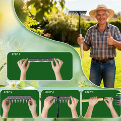 SFPNSHHY rake in use pulling weeds between plants demonstrating precise uprooting advantage