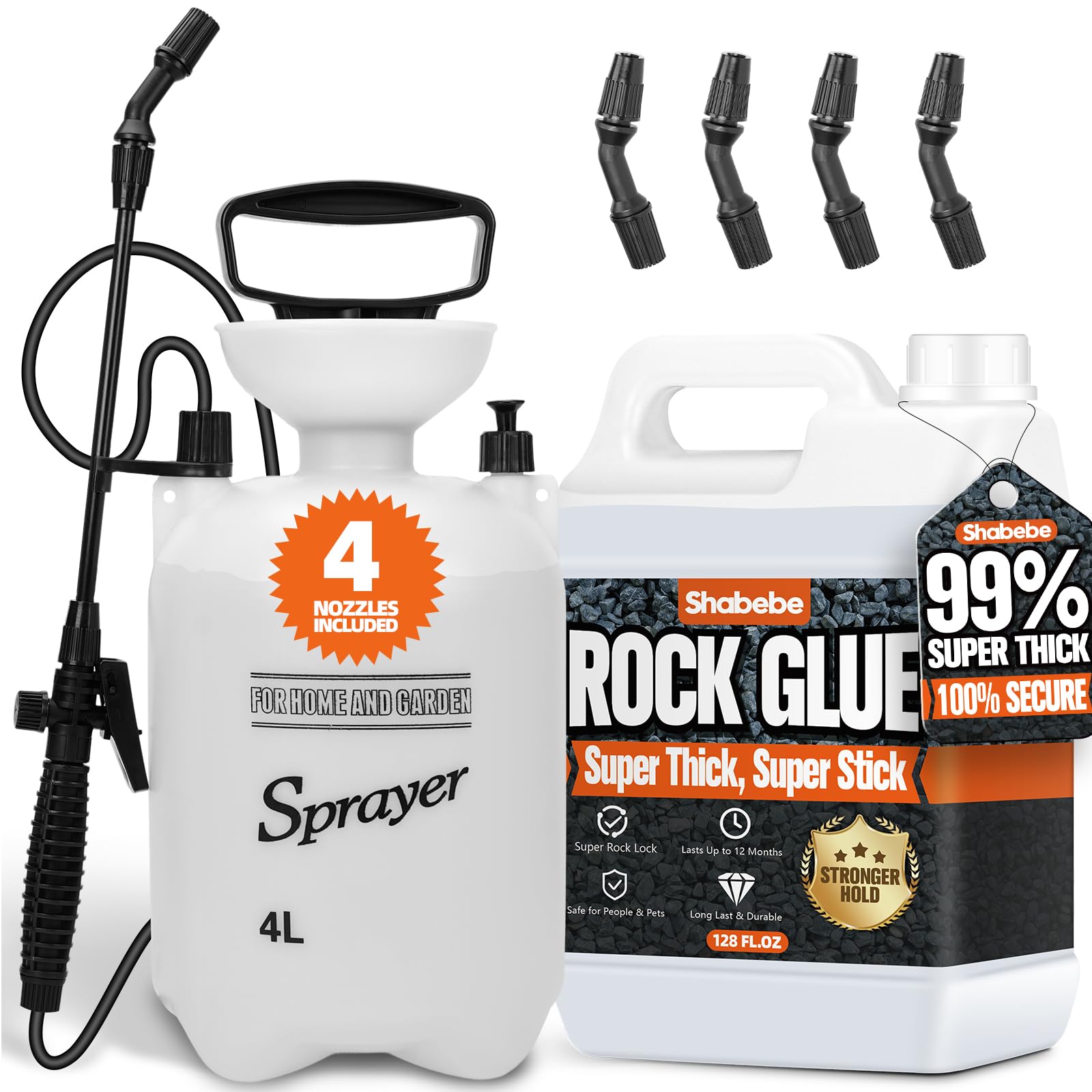 Shabebe front packaging showing one-gallon glue and sprayer, durable coverage benefit