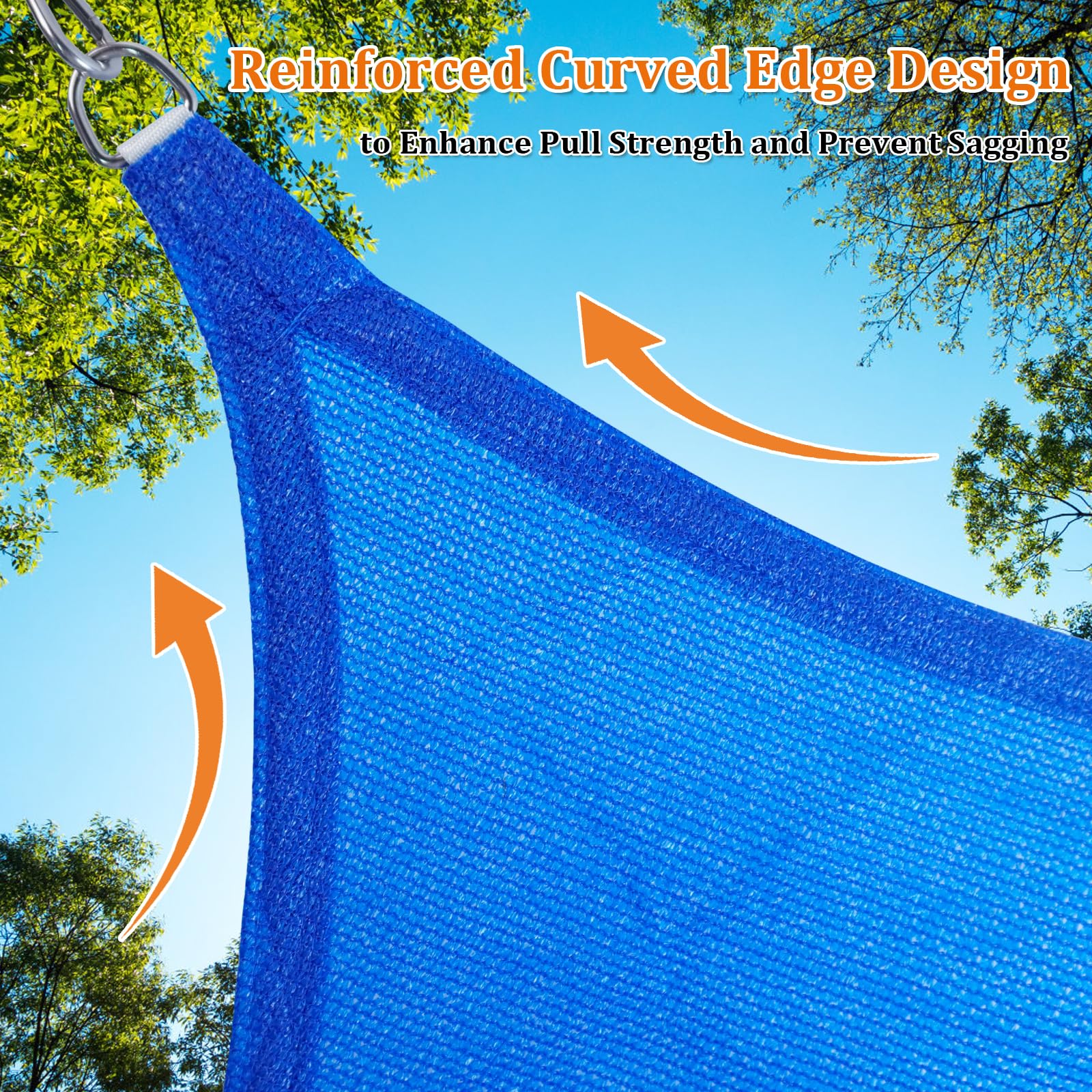 Shade&Beyond curved edge and seam detail showing water runoff design for longer fabric life
