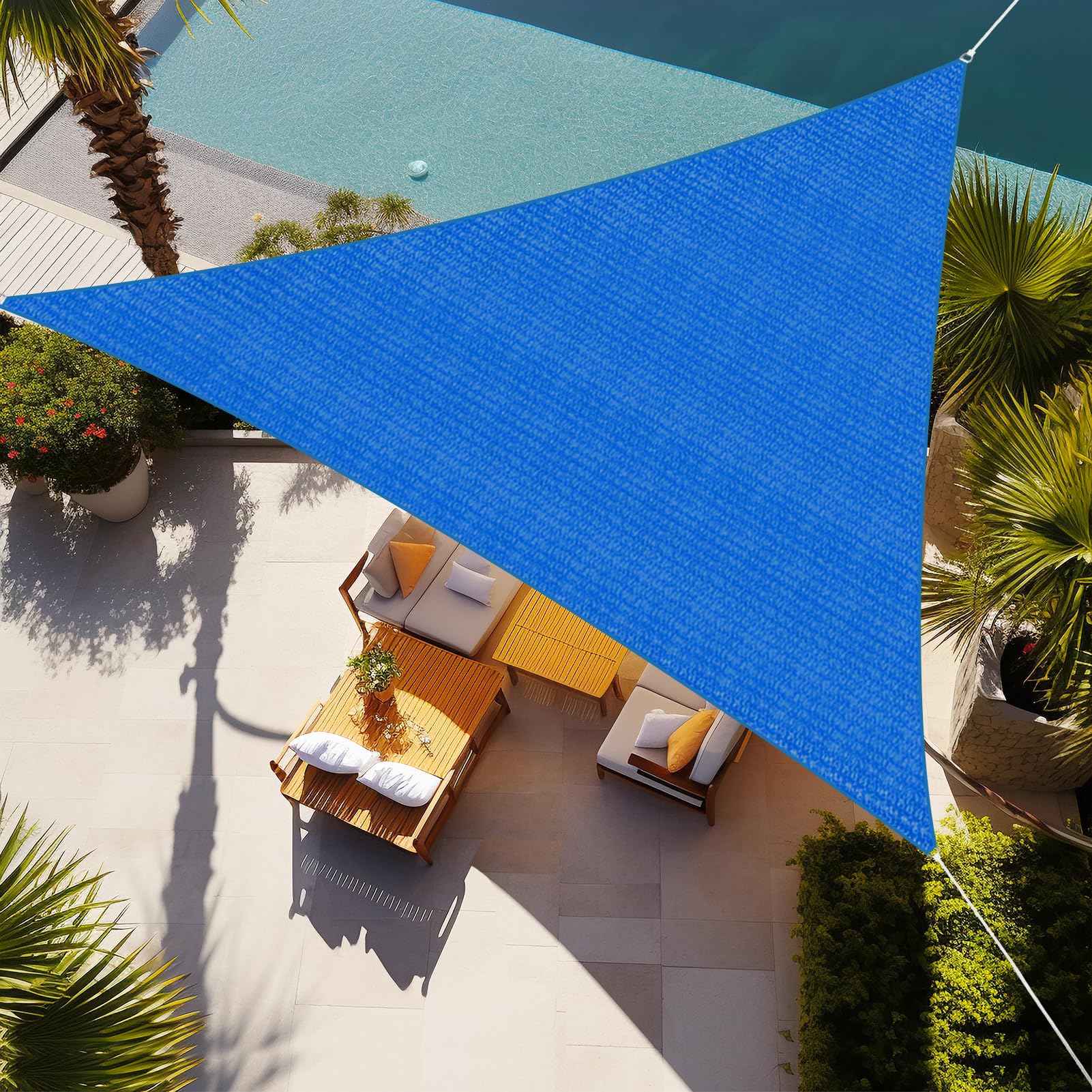 Shade&Beyond front view of blue 20-foot triangle sail showing coverage and style benefits