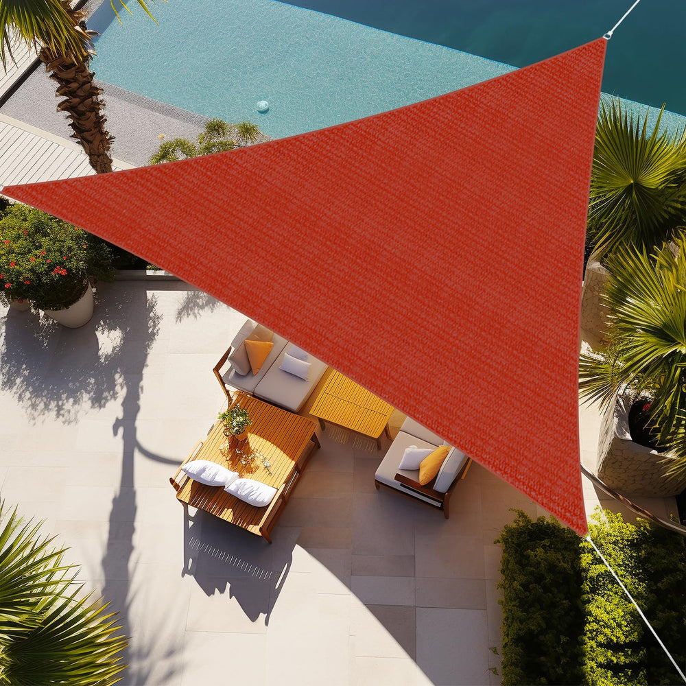 Shade&Beyond triangle sail front view showing rust red canopy and shape, adds cool shade