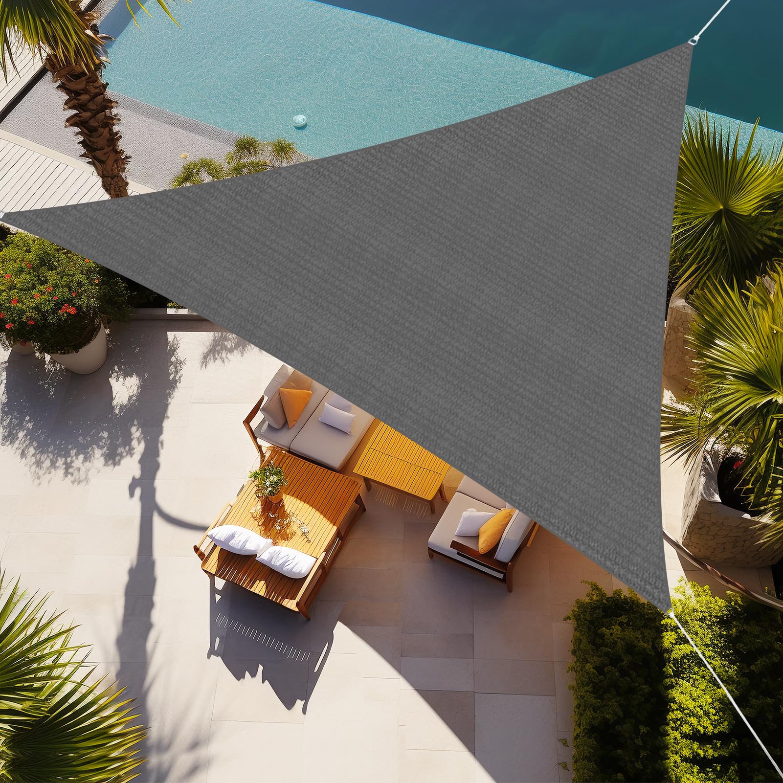 Shade&Beyond triangle sail front view showing full canopy and modern dark grey look