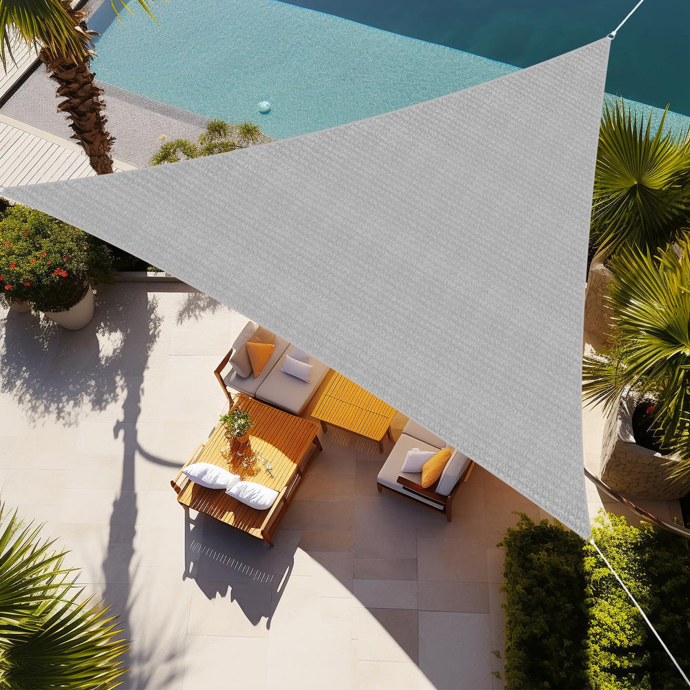 Shade&Beyond front view of triangle sun sail showing coverage and modern look