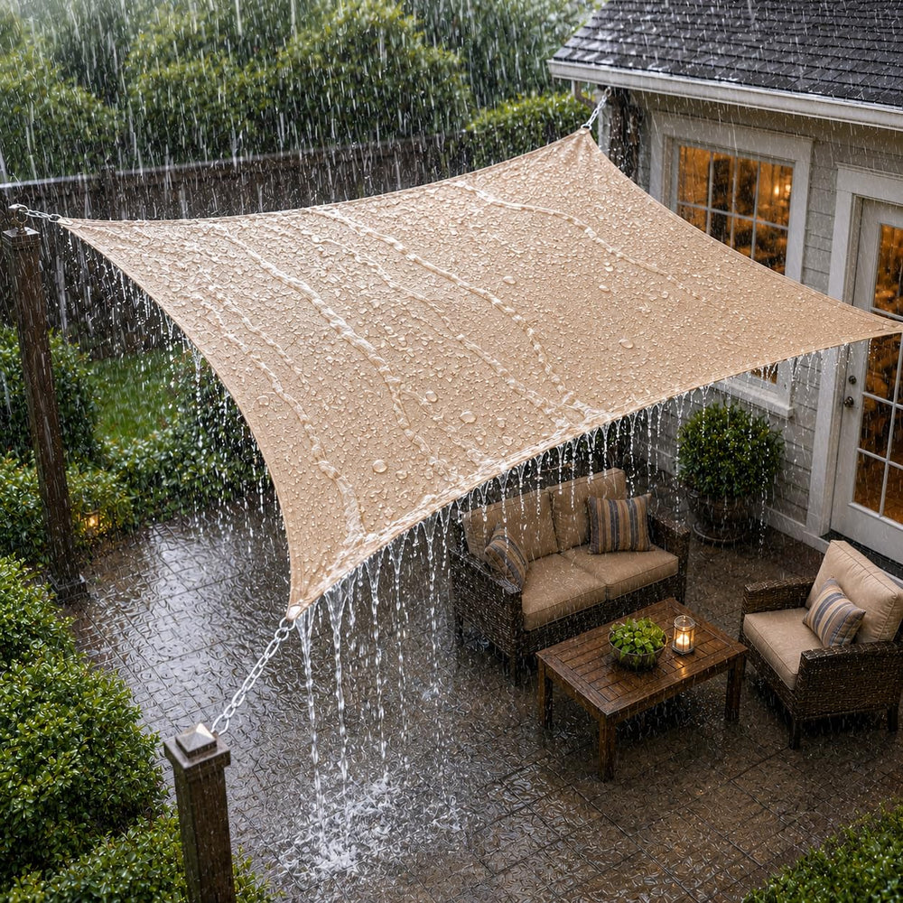 ShadeMart front view of beige sail showing clean canopy and shade benefits