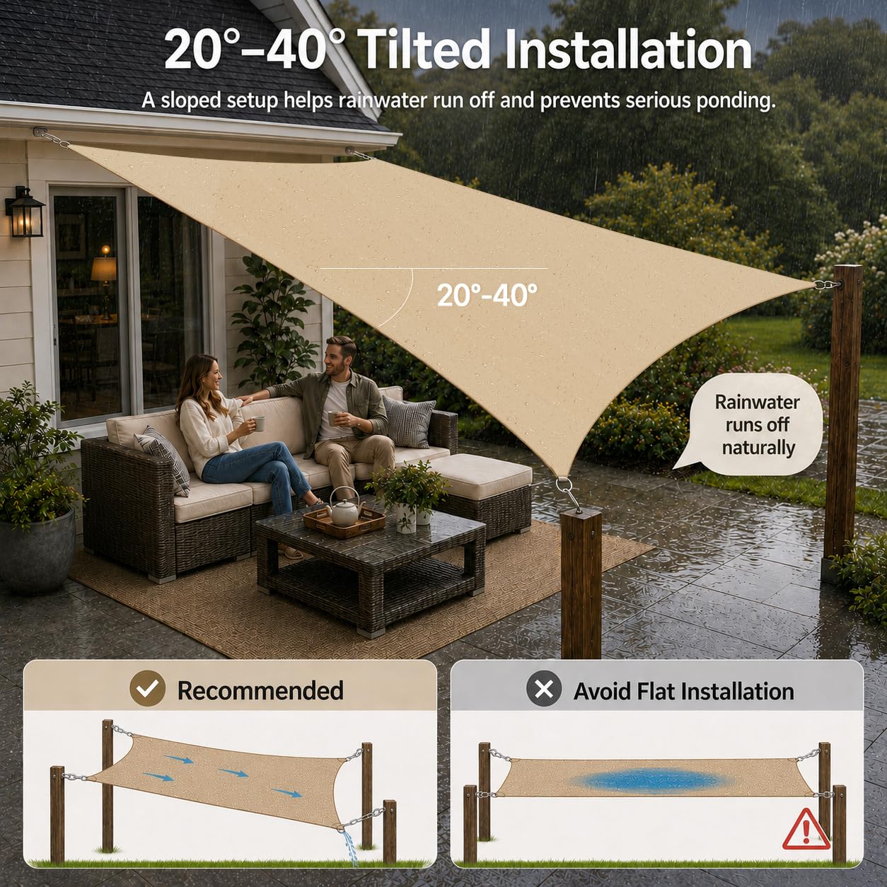 ShadeMart size comparison showing 9.5x9.5 sail scale against furniture