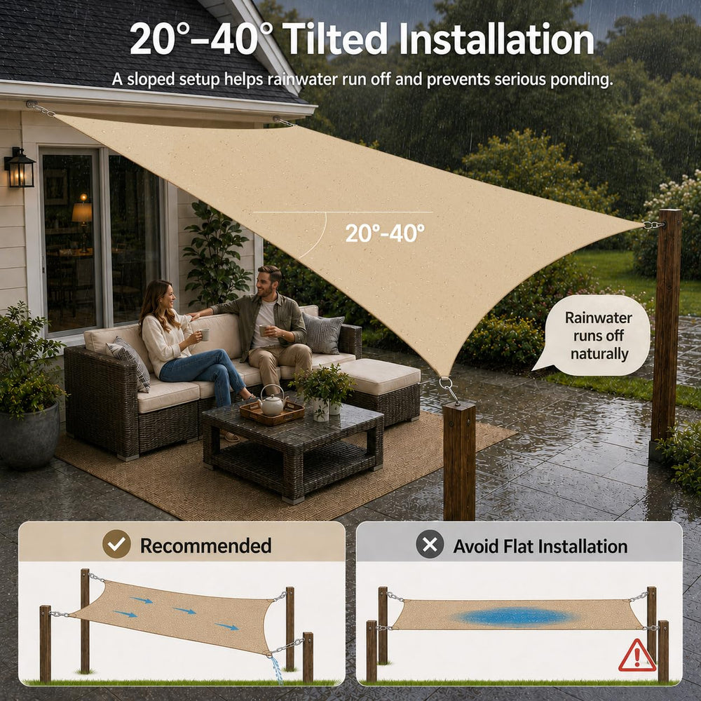 ShadeMart size comparison showing 9.5x9.5 sail scale against furniture