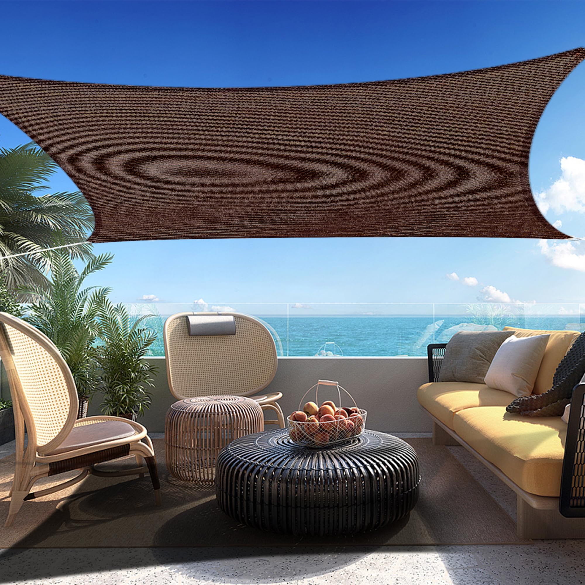 SHADESPEARE front view of brown rectangle canopy showing full coverage and curb appeal