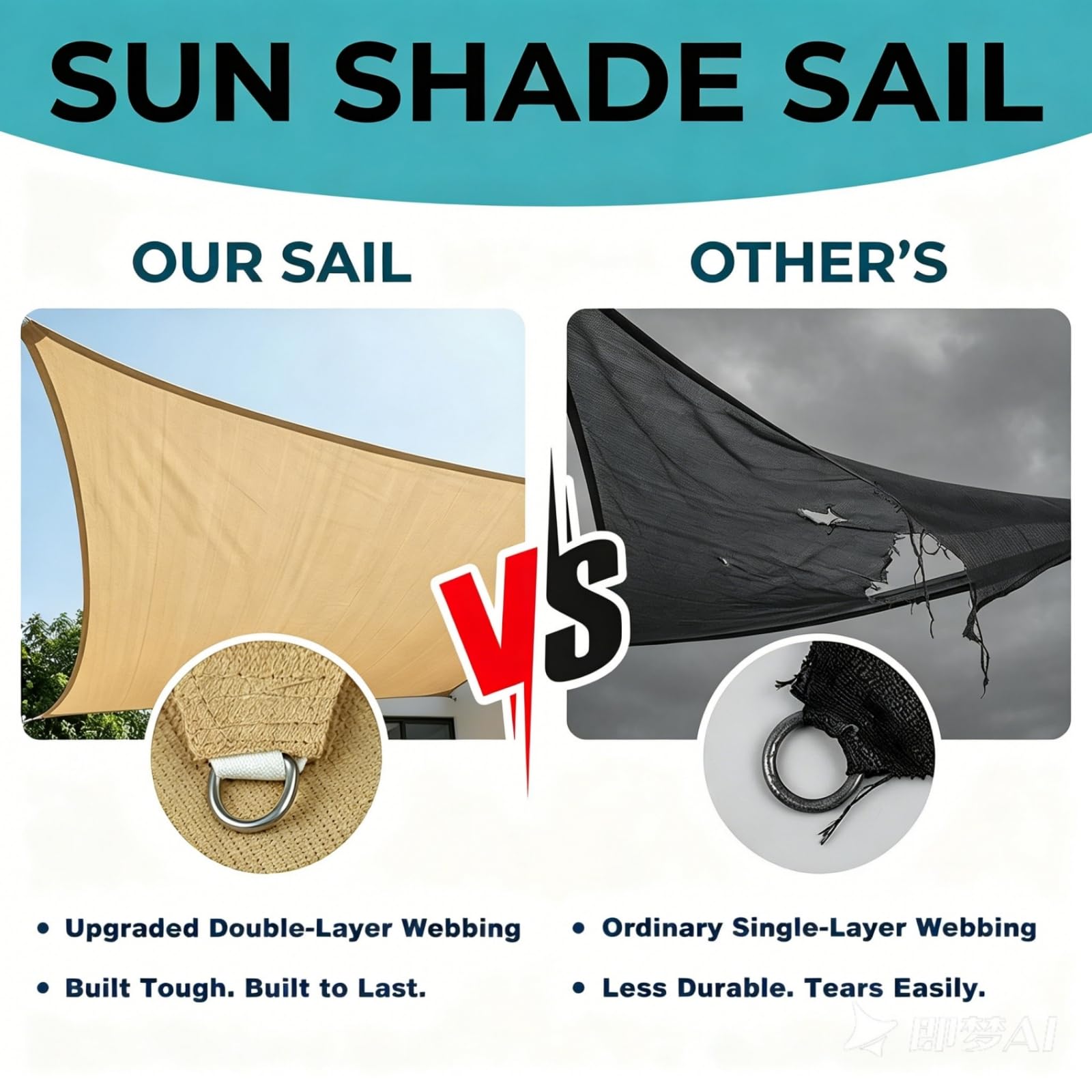 SHADEWIZ reinforced corner with stainless-steel D-ring and strong stitching for secure mounting