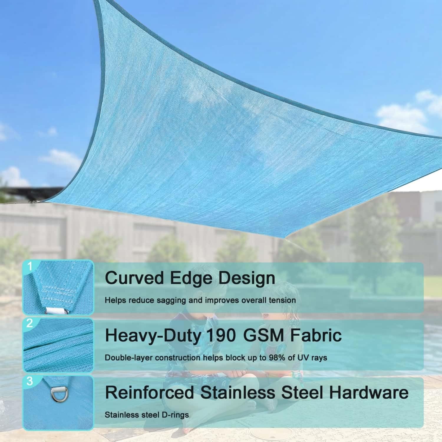 SHADEWIZ turquoise sail above patio creating vibrant outdoor living area