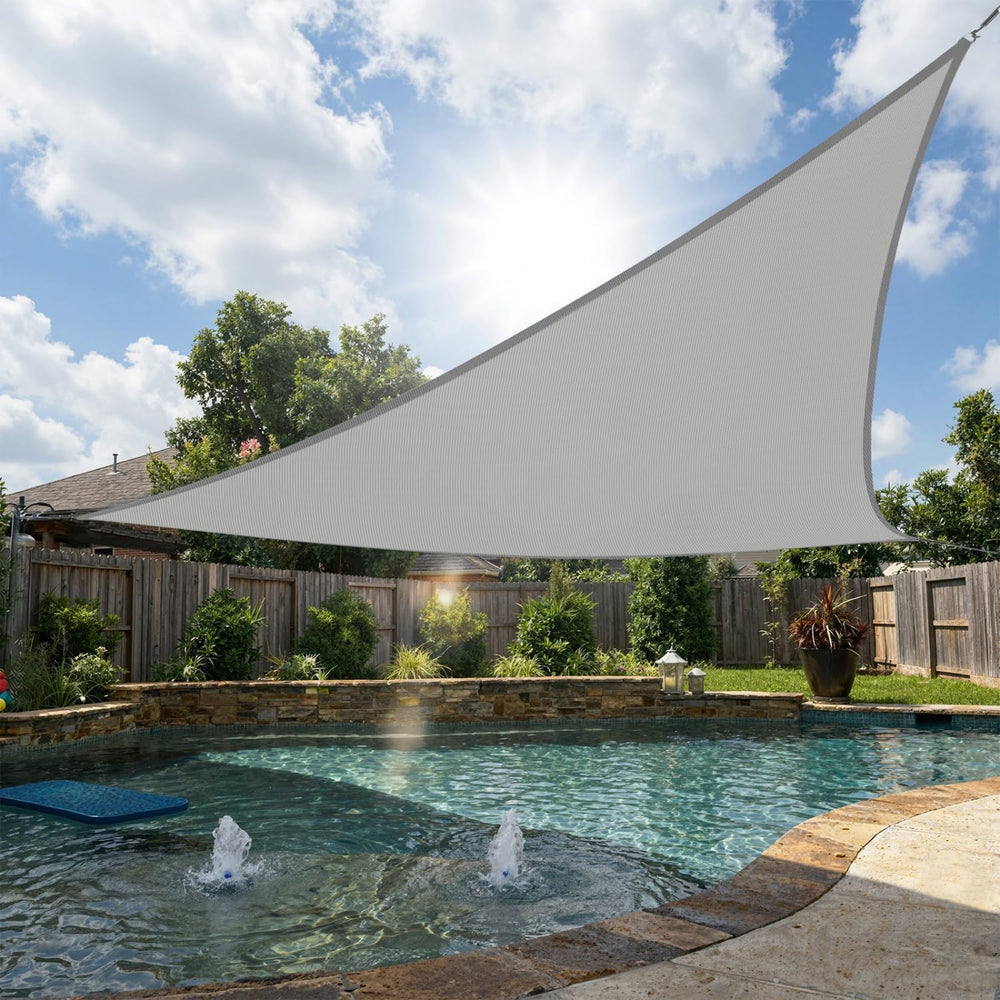 SHADEWIZ front view of right triangle shade sail showing clean modern canopy and coverage