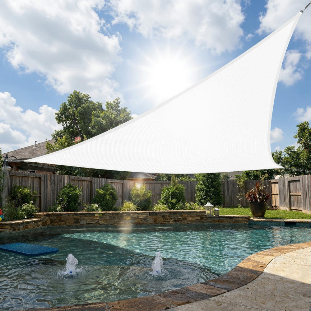 SHADEWIZ front view of white right triangle shade sail showing full canopy benefit