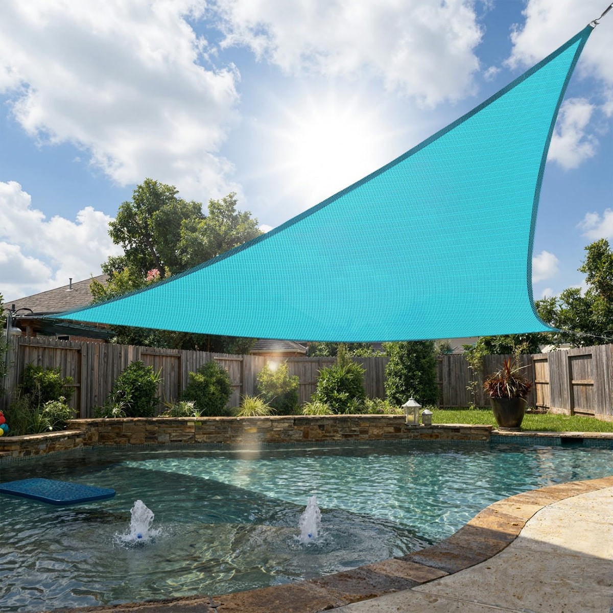 SHADEWIZ turquoise shade sail front view showing coverage and color benefit