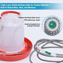 Shaledig heating cord submerged in a poultry waterer showing continuous thawing benefit