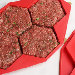 Shape+Store Burger Master MAX front view showing four sealed patty compartments and stackable benefit