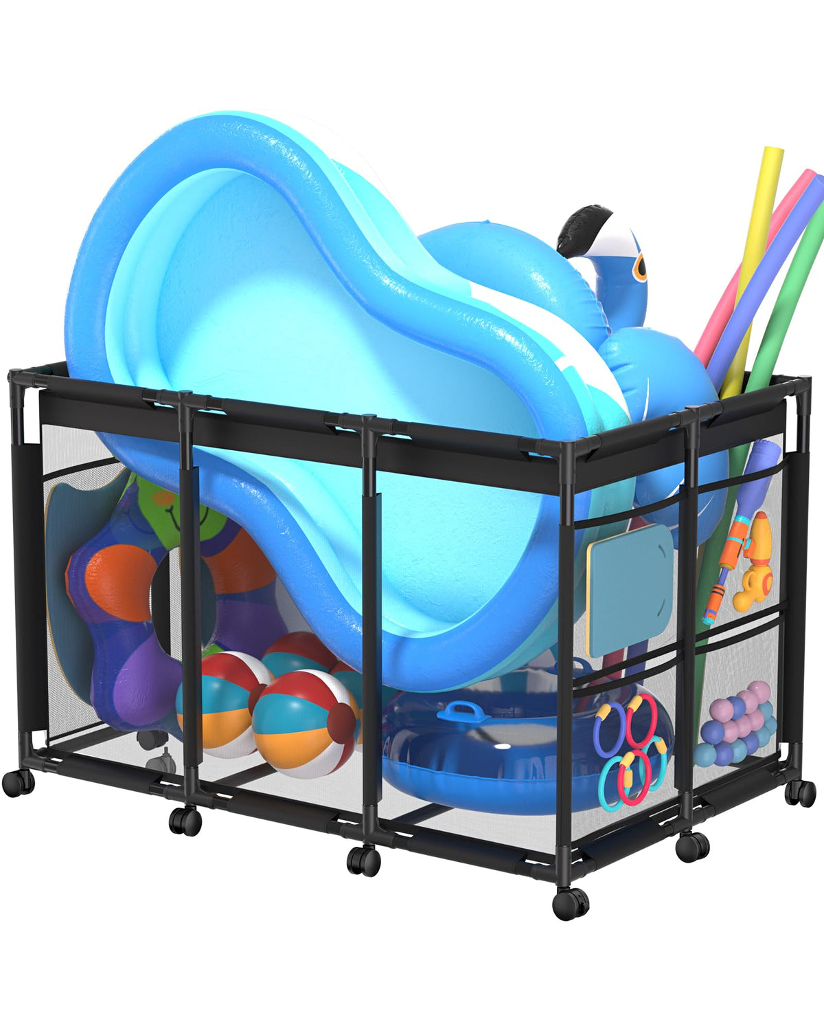 SHAPON front view of large pool storage bin showing neat organization benefit