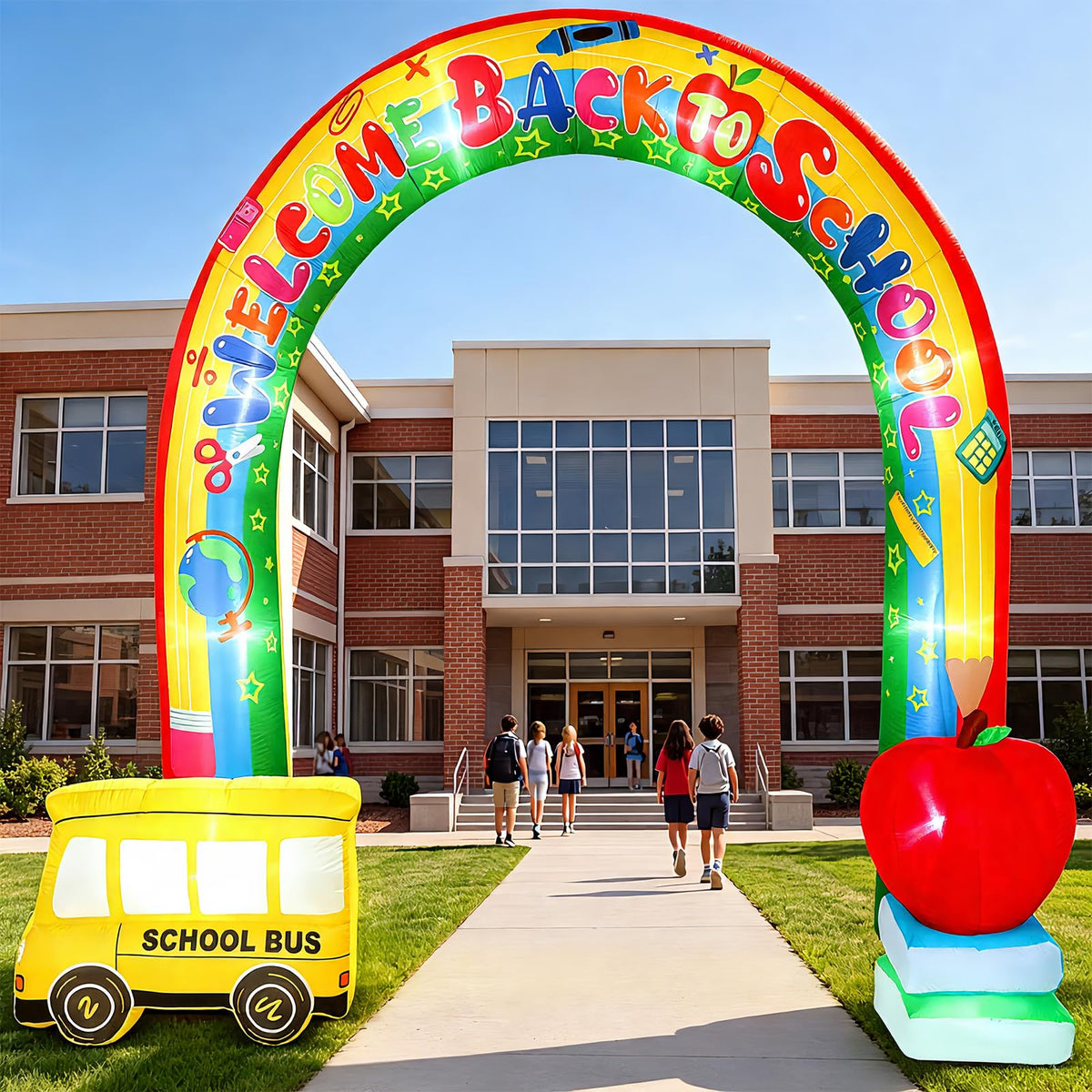 Shappy front view of arch showing colorful school bus design and entrance appeal