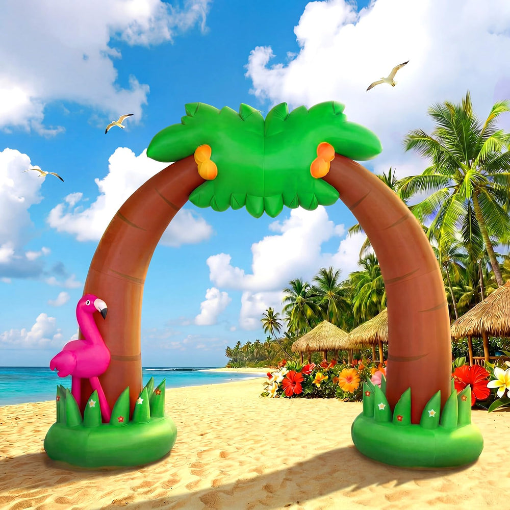 Shappy inflatable arch front view showing palm trees and flamingos, creates instant island vibe
