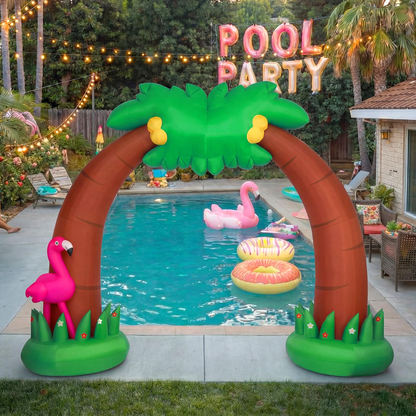 Shappy arch in a backyard party setting, enhances photos and guest entrance