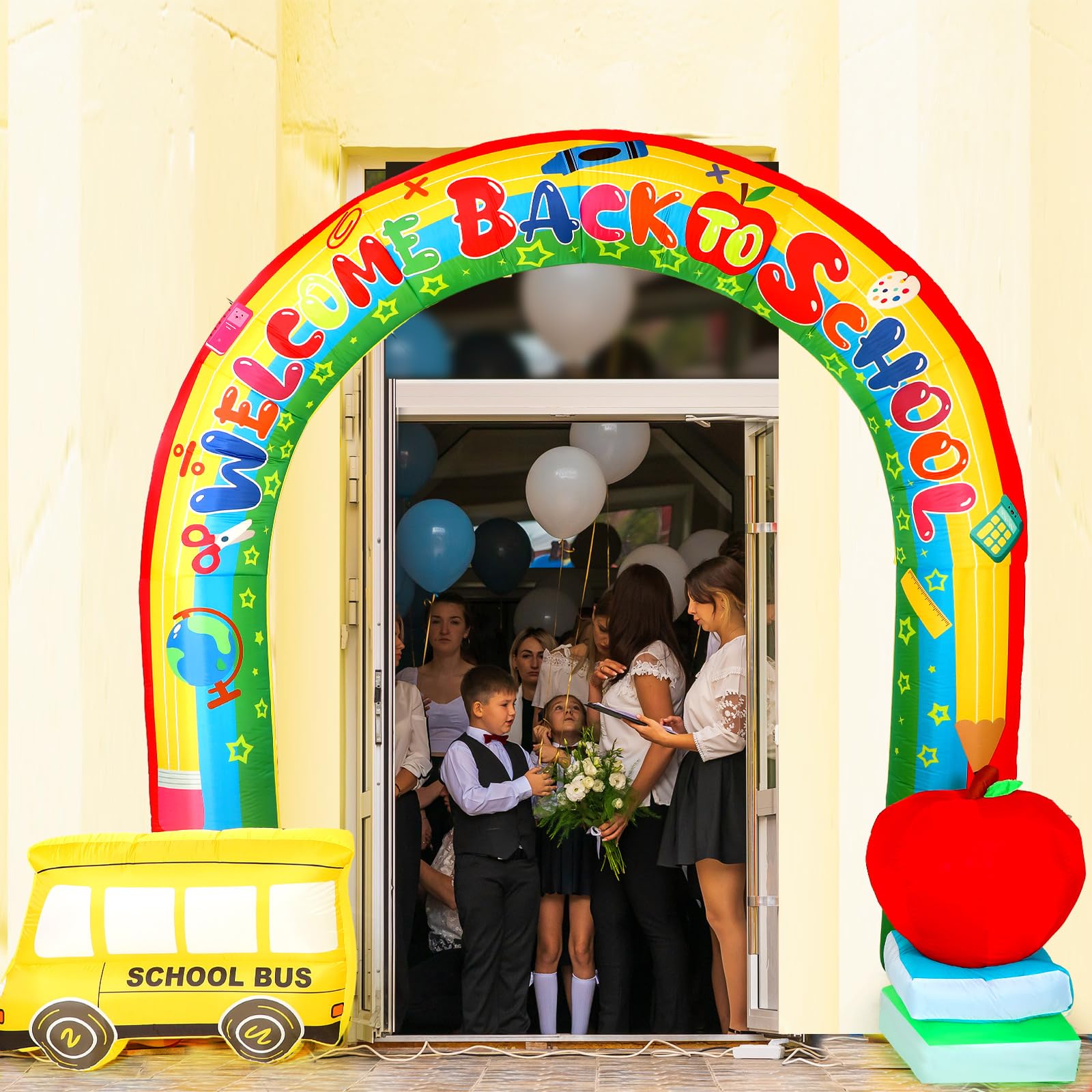 Shappy arch next to students demonstrating 9ft scale and photo-op benefit