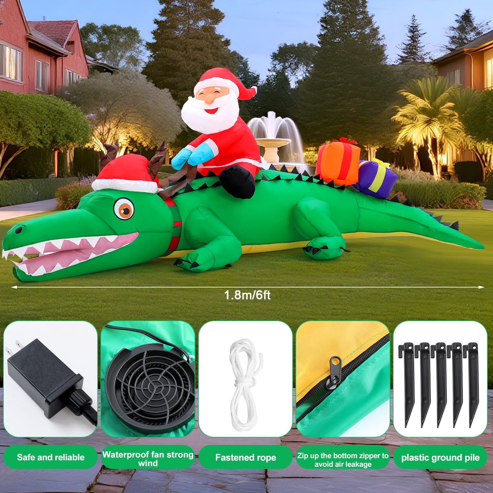 Shappy detail of Santa rider on crocodile emphasizing playful holiday character
