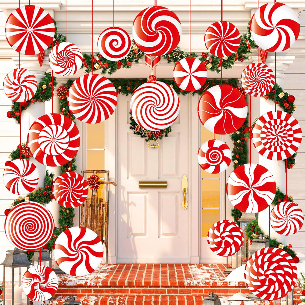 Shappy front view of peppermint ornaments showing colorful double-sided design and outdoor use benefit