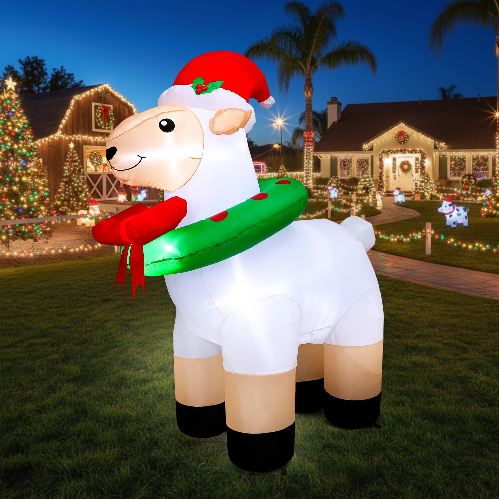 Shappy front view of inflatable sheep showing cheerful holiday decoration and curb appeal