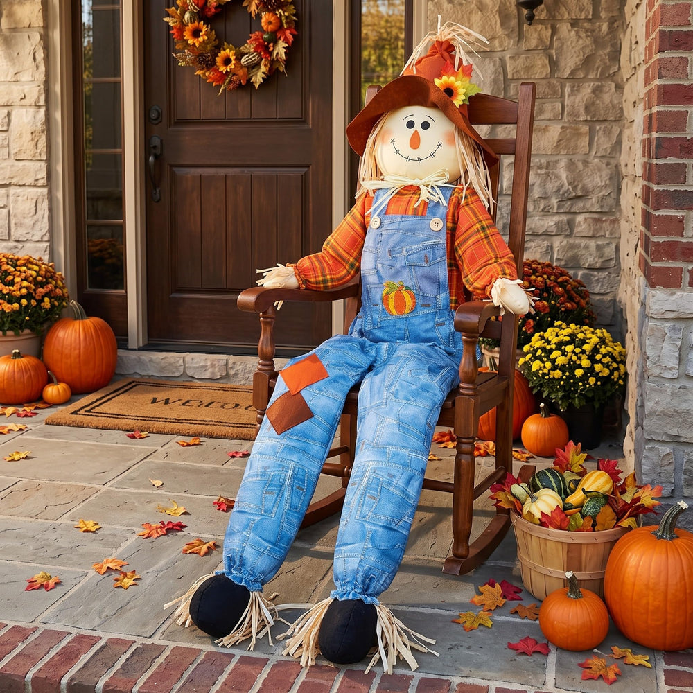 Shappy scarecrow front view on porch showcasing seasonal curb appeal