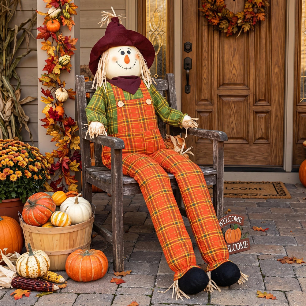 Shappy front view scarecrow showing cheerful harvest look and easy placement